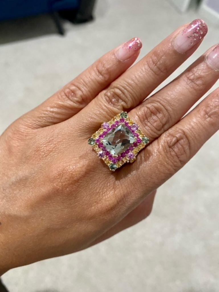 8.00 Carat Green Amethyst Multi-Color Sapphires Yellow Gold Cocktail Ring