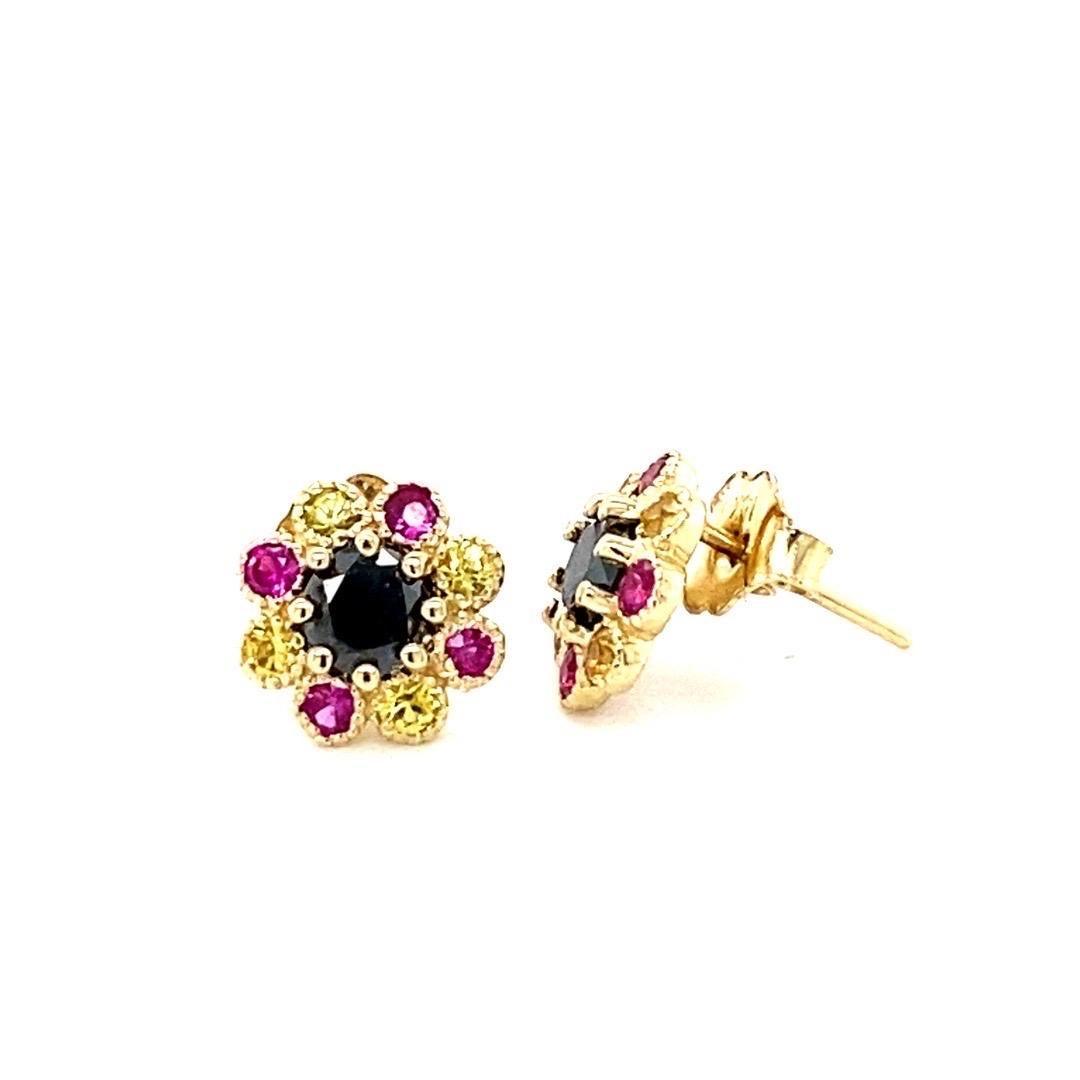 Black Diamond and Sapphire Yellow Gold Stud Earrings