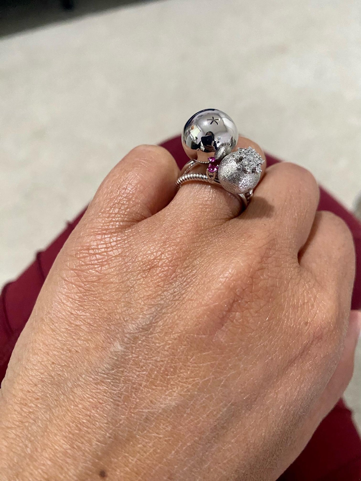 Natural Diamond and Pink Sapphire White Gold Statement Ring