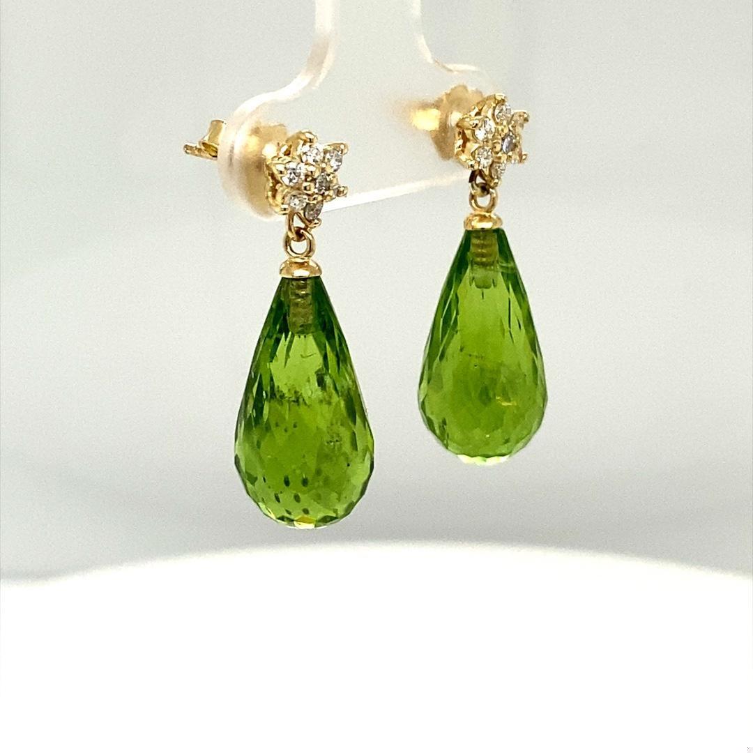 Natural Peridot Diamond Yellow Gold Drop Earrings