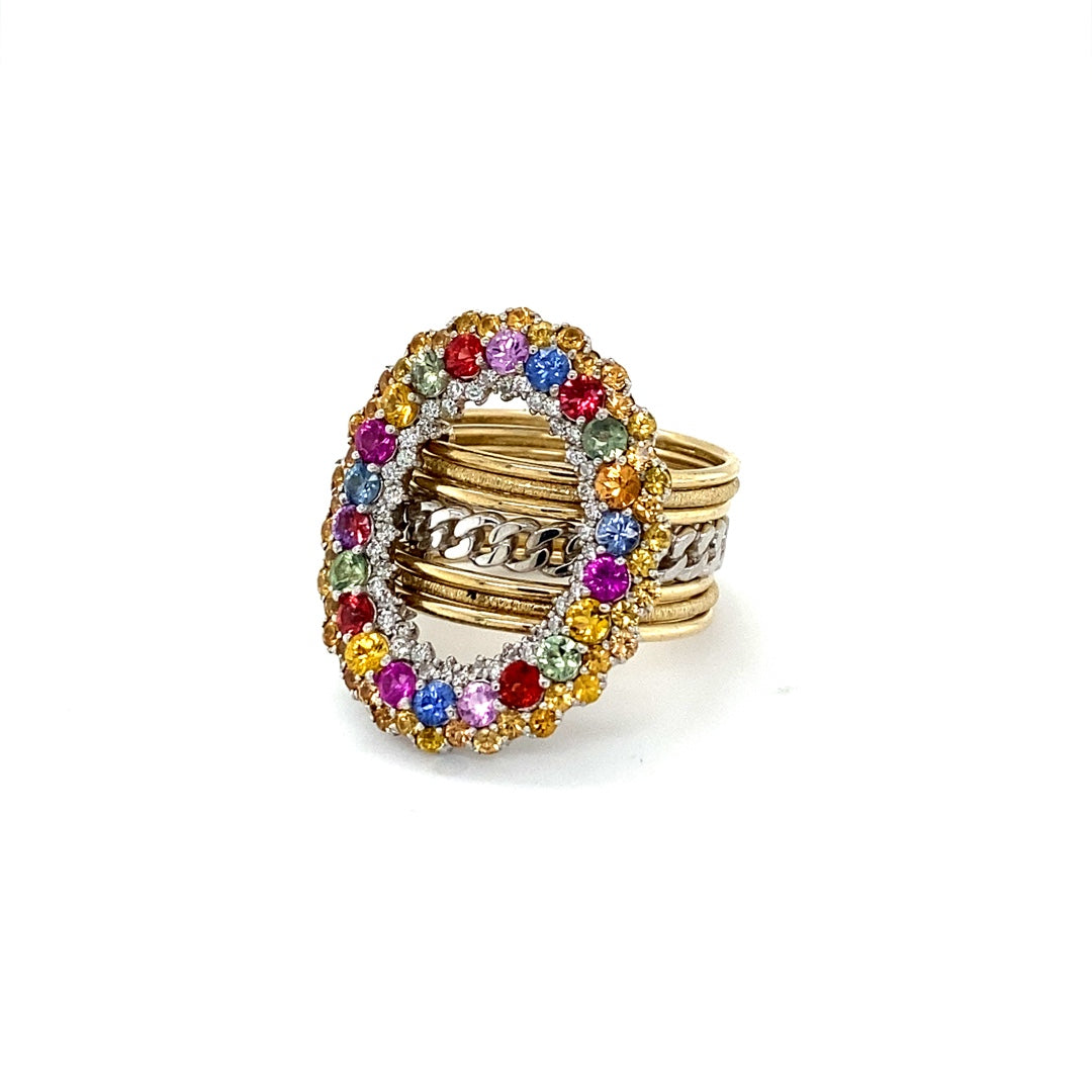 3.32 Carat MultiSapphire Diamond Yellow Gold Cocktail Ring