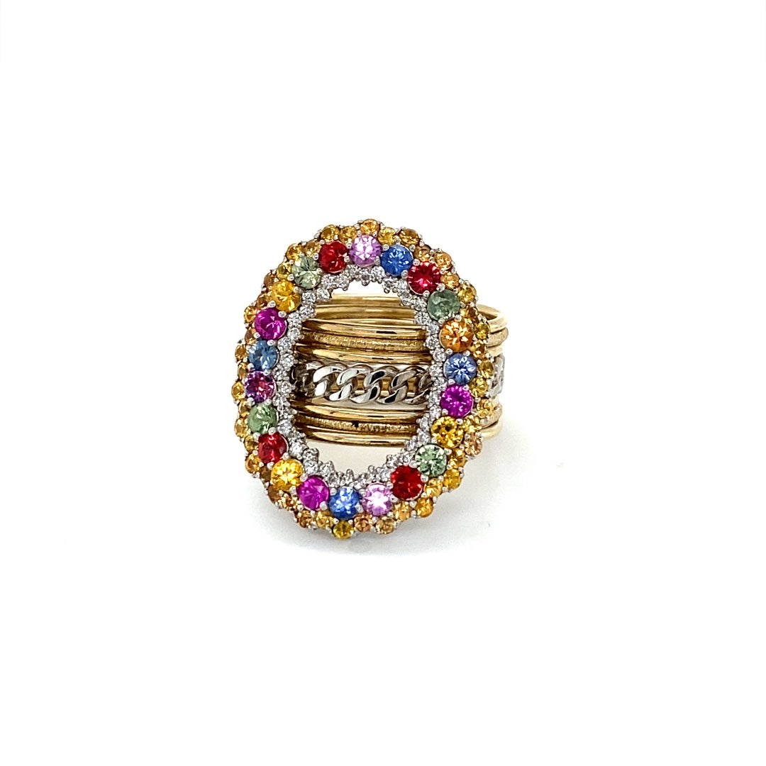 3.32 Carat MultiSapphire Diamond Yellow Gold Cocktail Ring