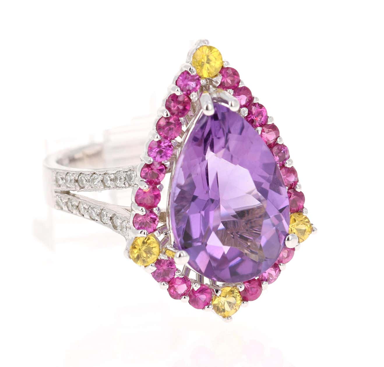 6.54 Ct Amethyst, Sapphire, Diamond 14K White Gold Ring