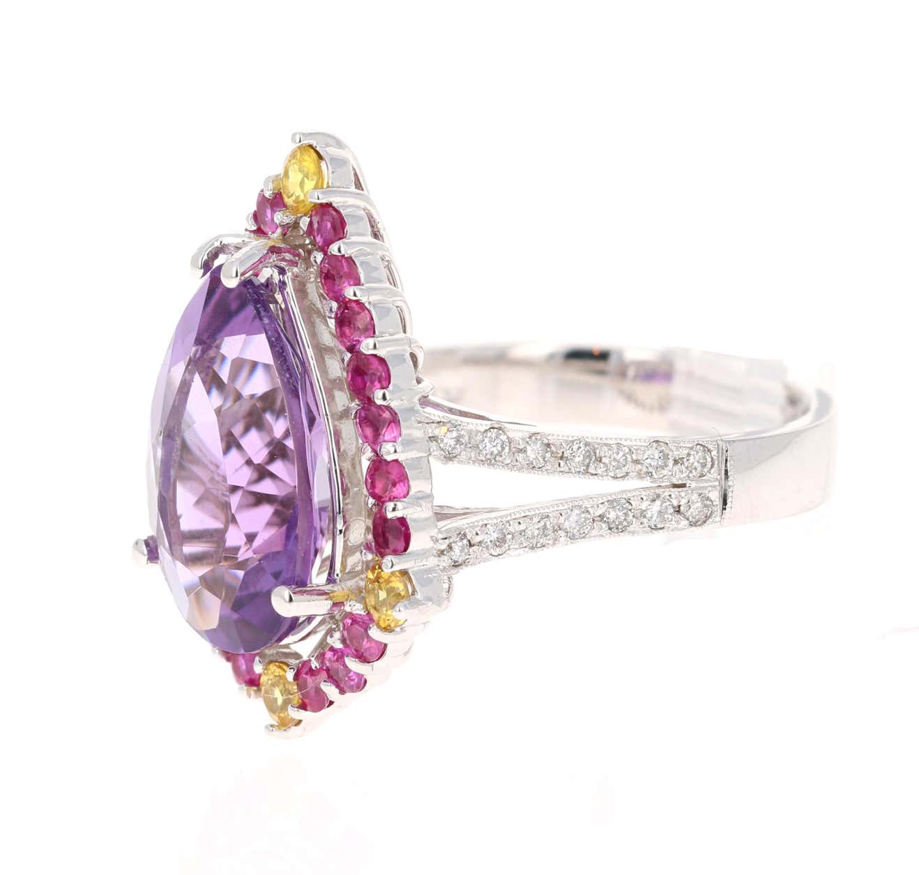 6.54 Ct Amethyst, Sapphire, Diamond 14K White Gold Ring