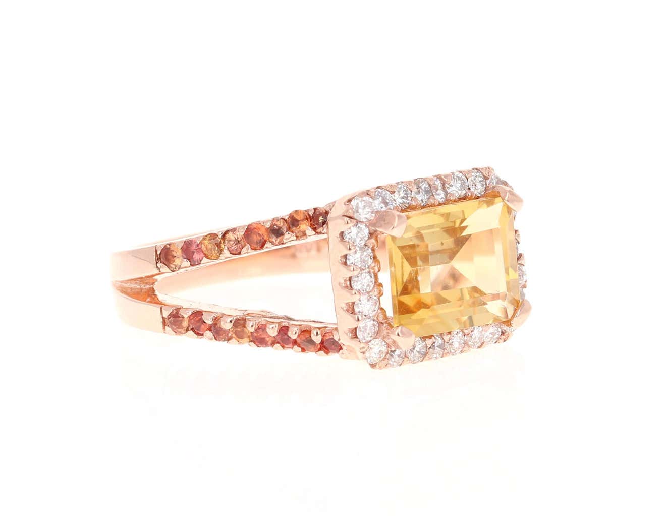 3.22 Carat Emerald Cut Citrine, Sapphire and Diamond 14 Karat Rose Gold Ring