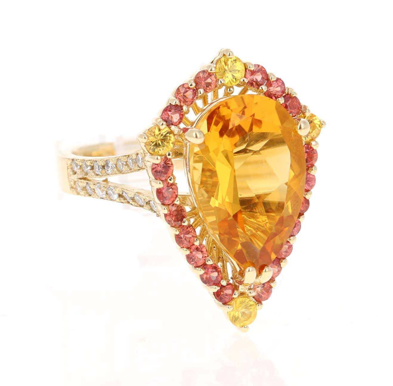 6.52 Carat Pear Cut Citrine Sapphire and Diamond 14 Karat Yellow Gold Ring