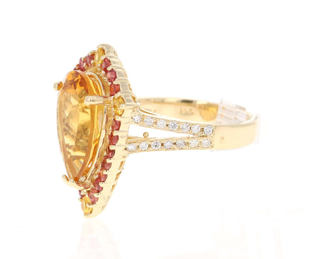 6.52 Carat Pear Cut Citrine Sapphire and Diamond 14 Karat Yellow Gold Ring