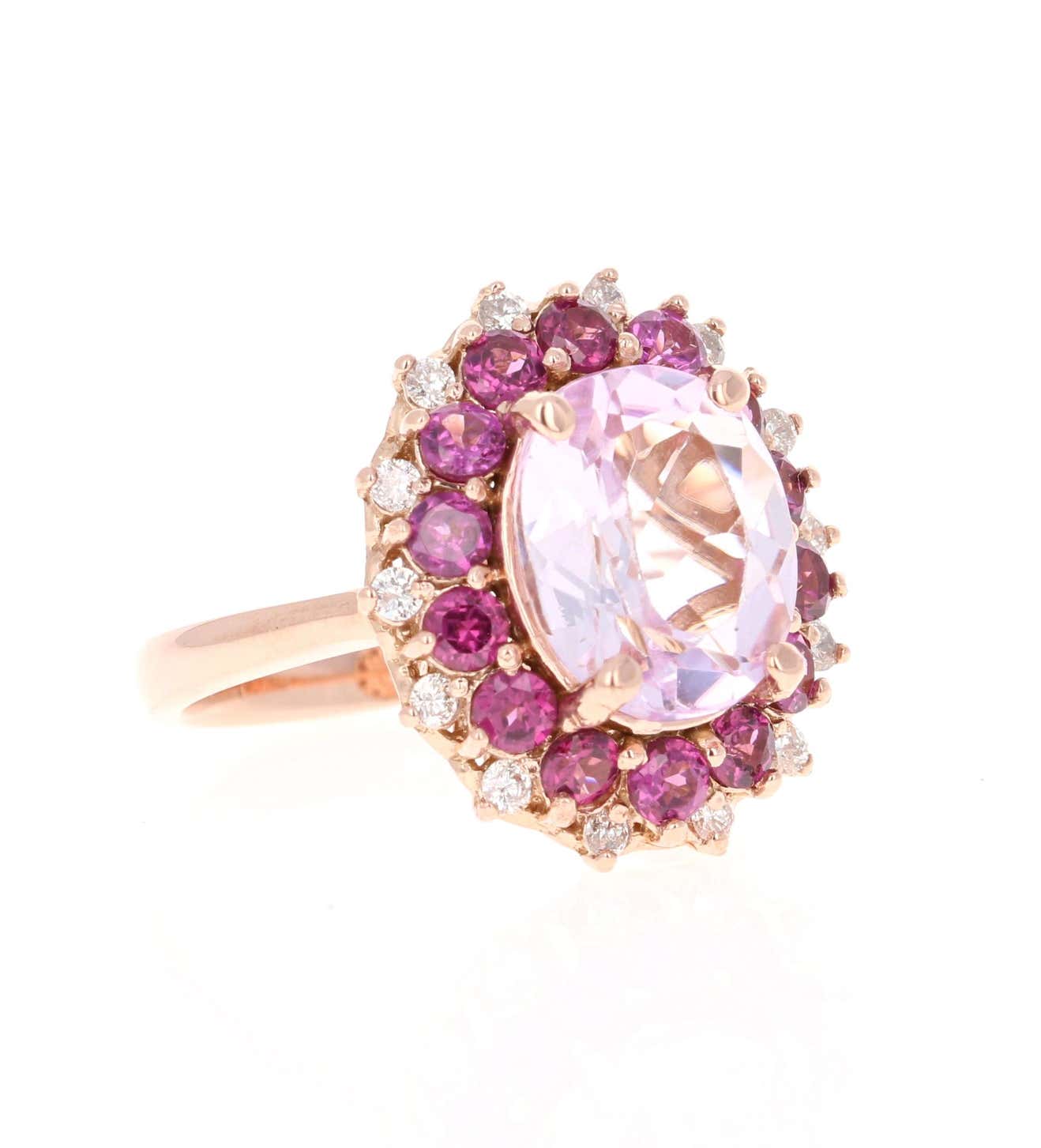 5.46 Carat Kunzite Diamond Garnet 14 Karat Rose Gold Cocktail Ring