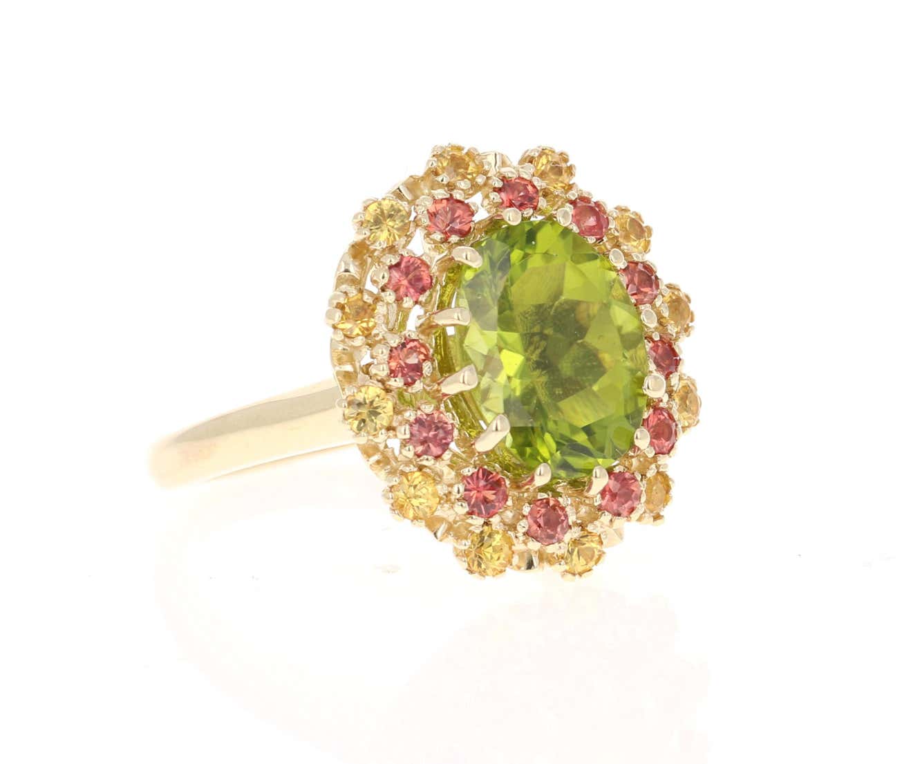 4.51 Carat Peridot Yellow and Red Sapphire 14 Karat Yellow Gold Cocktail Ring