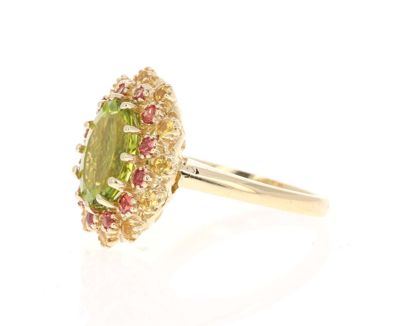 4.51 Carat Peridot Yellow and Red Sapphire 14 Karat Yellow Gold Cocktail Ring