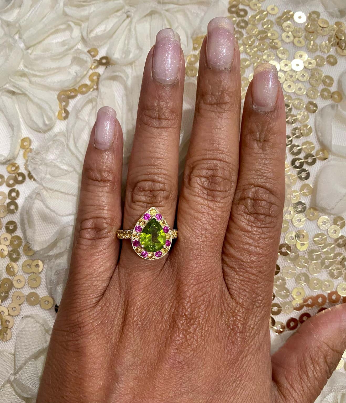 3.16 Ct Peridot, Pink Sapphire Yellow Sapphire 14K Yellow Gold Ring