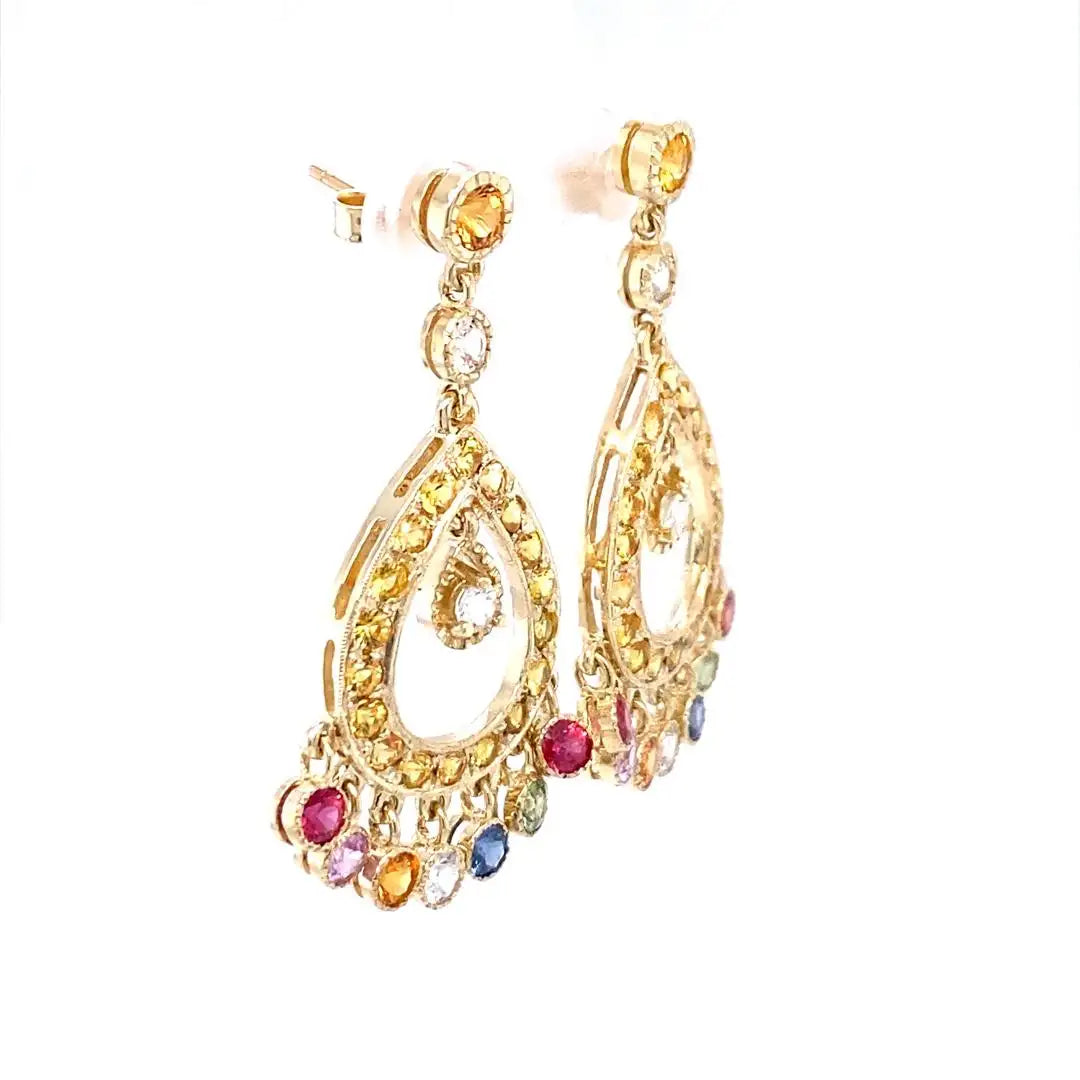 5.21 Carat MultiColor Sapphire 14 Karat Yellow Gold Chandelier Earrings