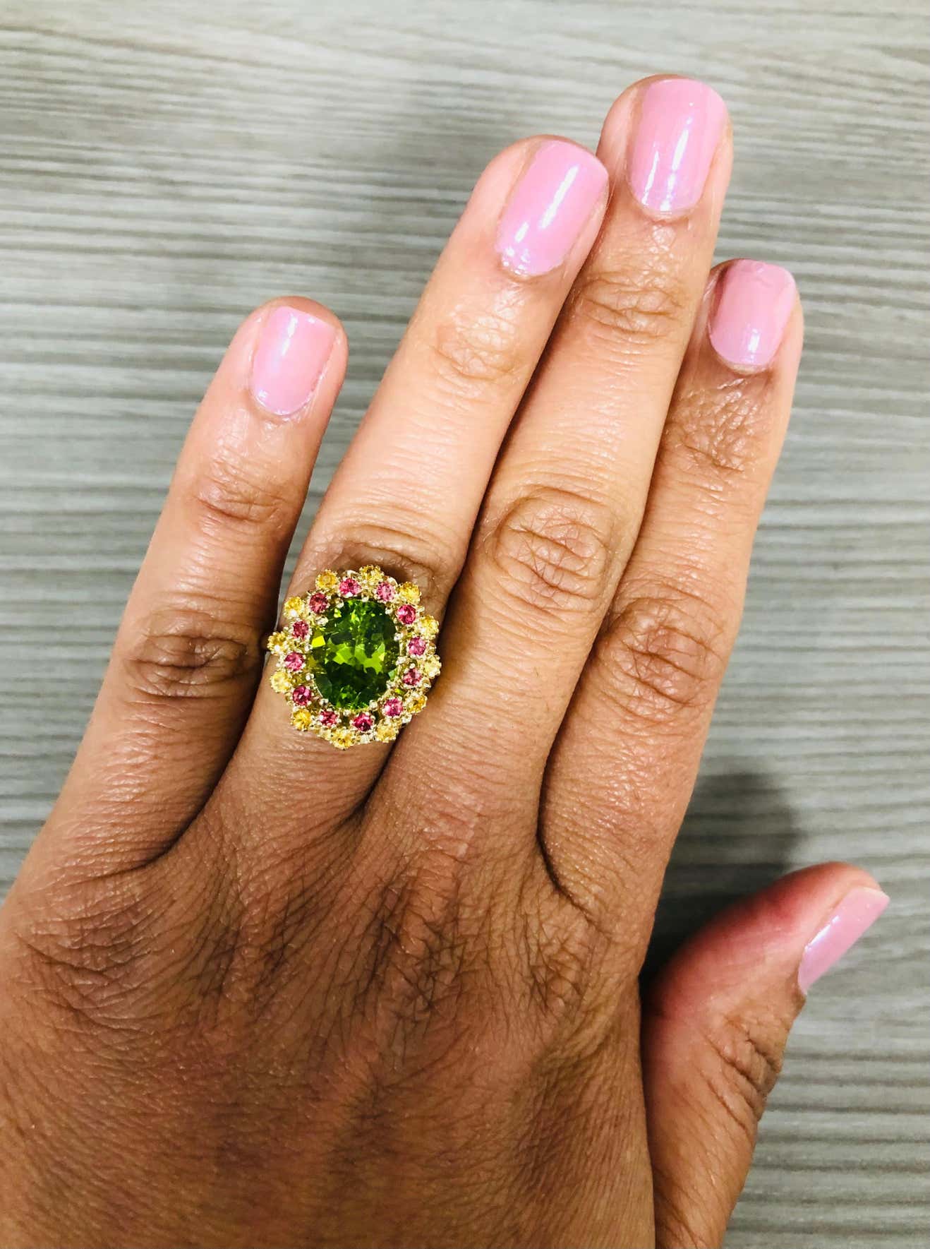 4.51 Carat Peridot Yellow and Red Sapphire 14 Karat Yellow Gold Cocktail Ring
