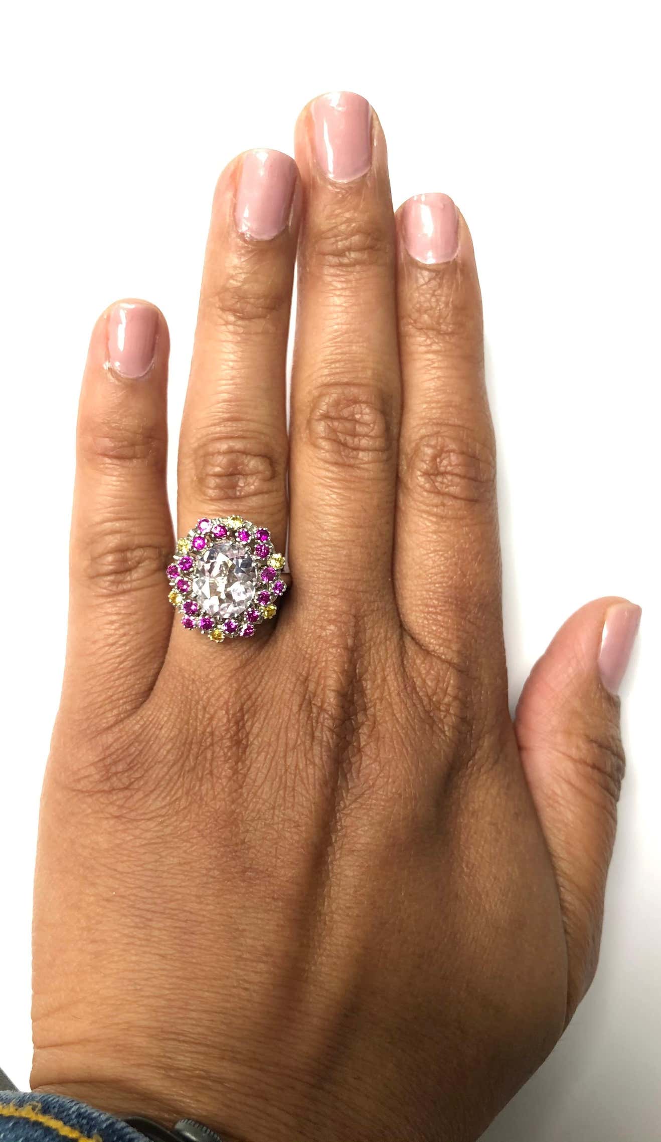 4.94 Carat Kunzite Pink Yellow Sapphire 14 Karat White Gold Ring