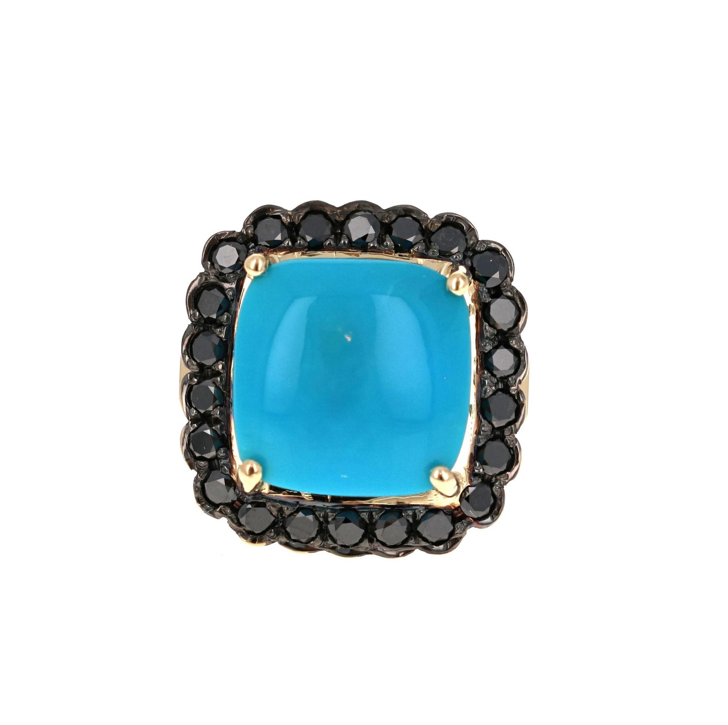 10.94 Carat Turquoise Black Diamond 14 Karat Yellow Gold Cocktail Ring