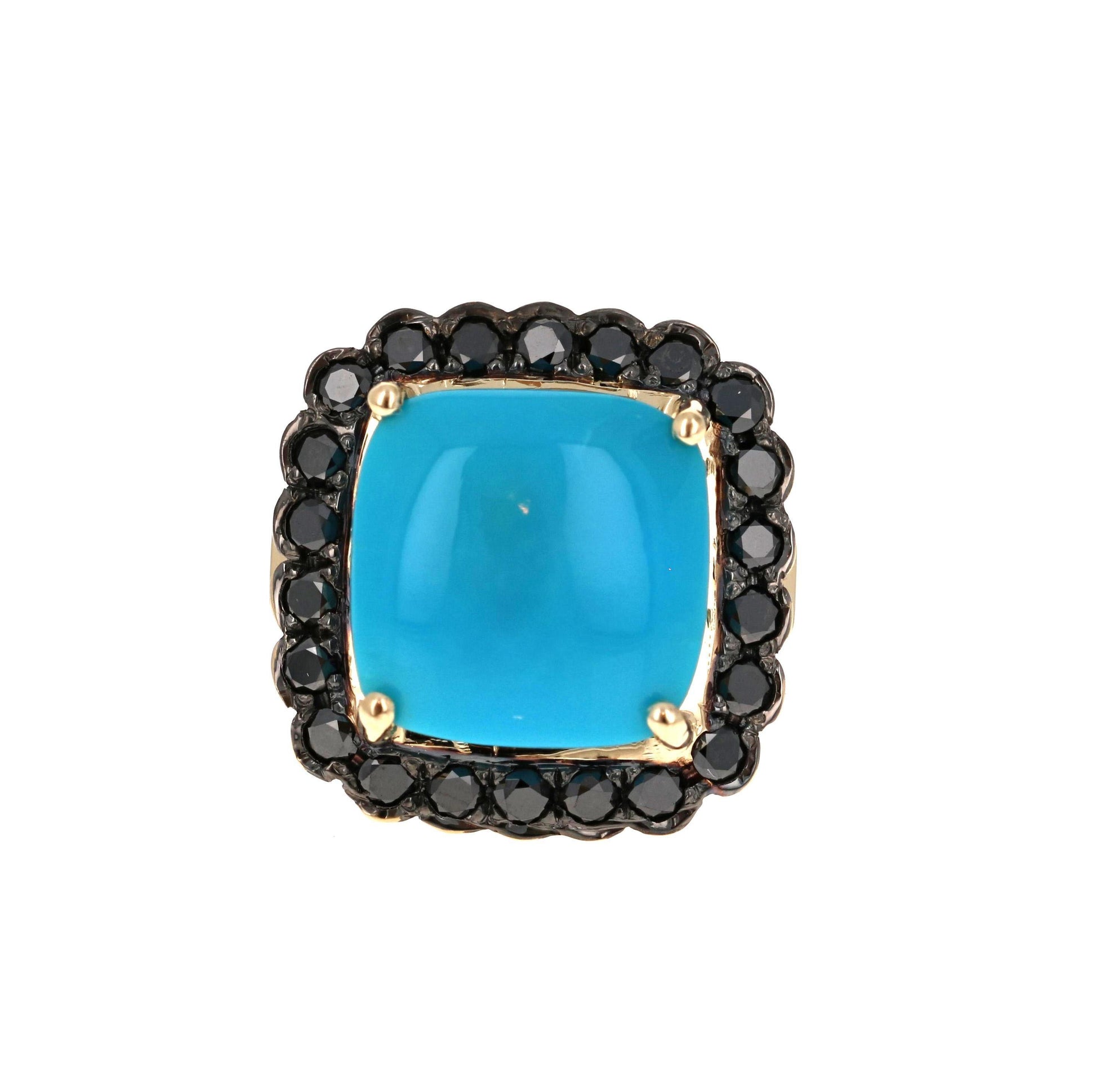 10.94 Carat Turquoise Black Diamond 14 Karat Yellow Gold Cocktail Ring