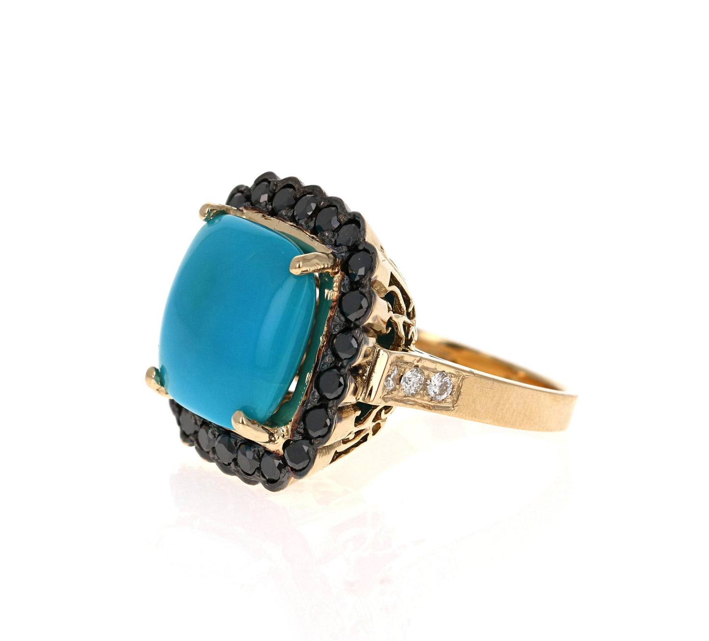 10.94 Carat Turquoise Black Diamond 14 Karat Yellow Gold Cocktail Ring