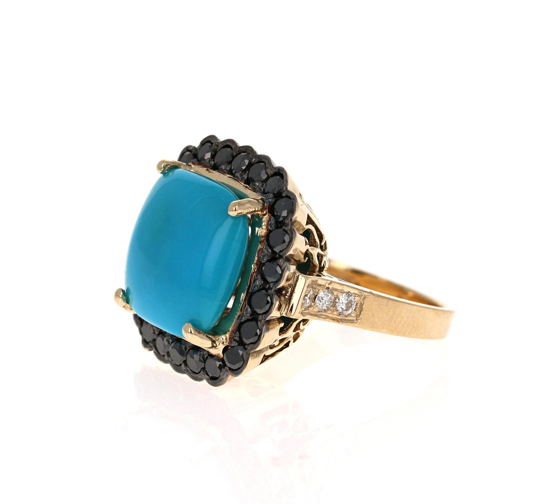10.94 Carat Turquoise Black Diamond 14 Karat Yellow Gold Cocktail Ring