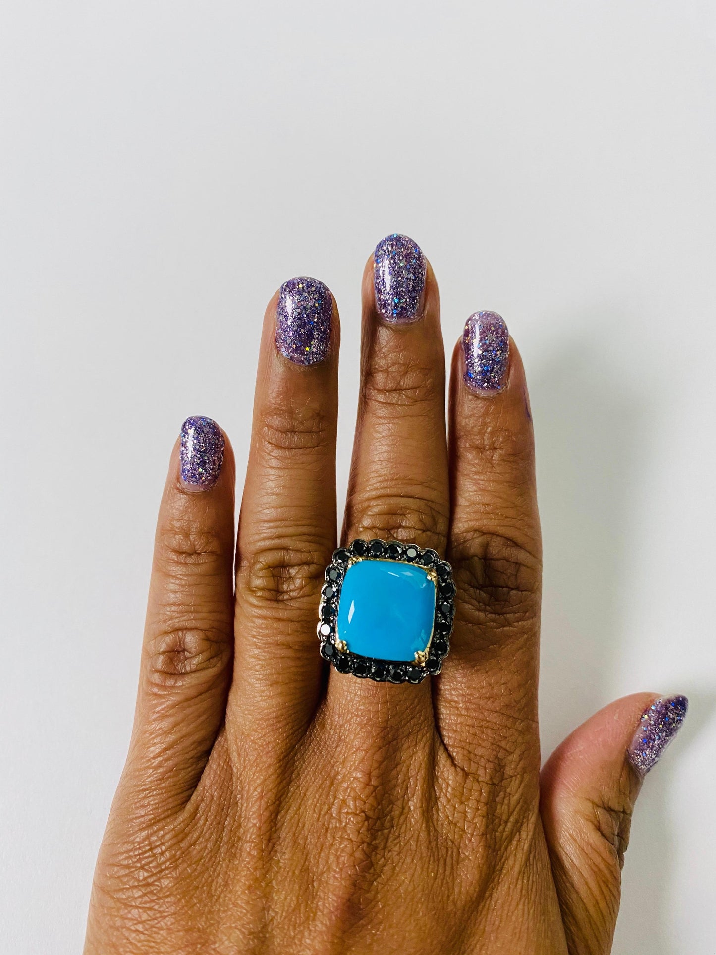 10.94 Carat Turquoise Black Diamond 14 Karat Yellow Gold Cocktail Ring