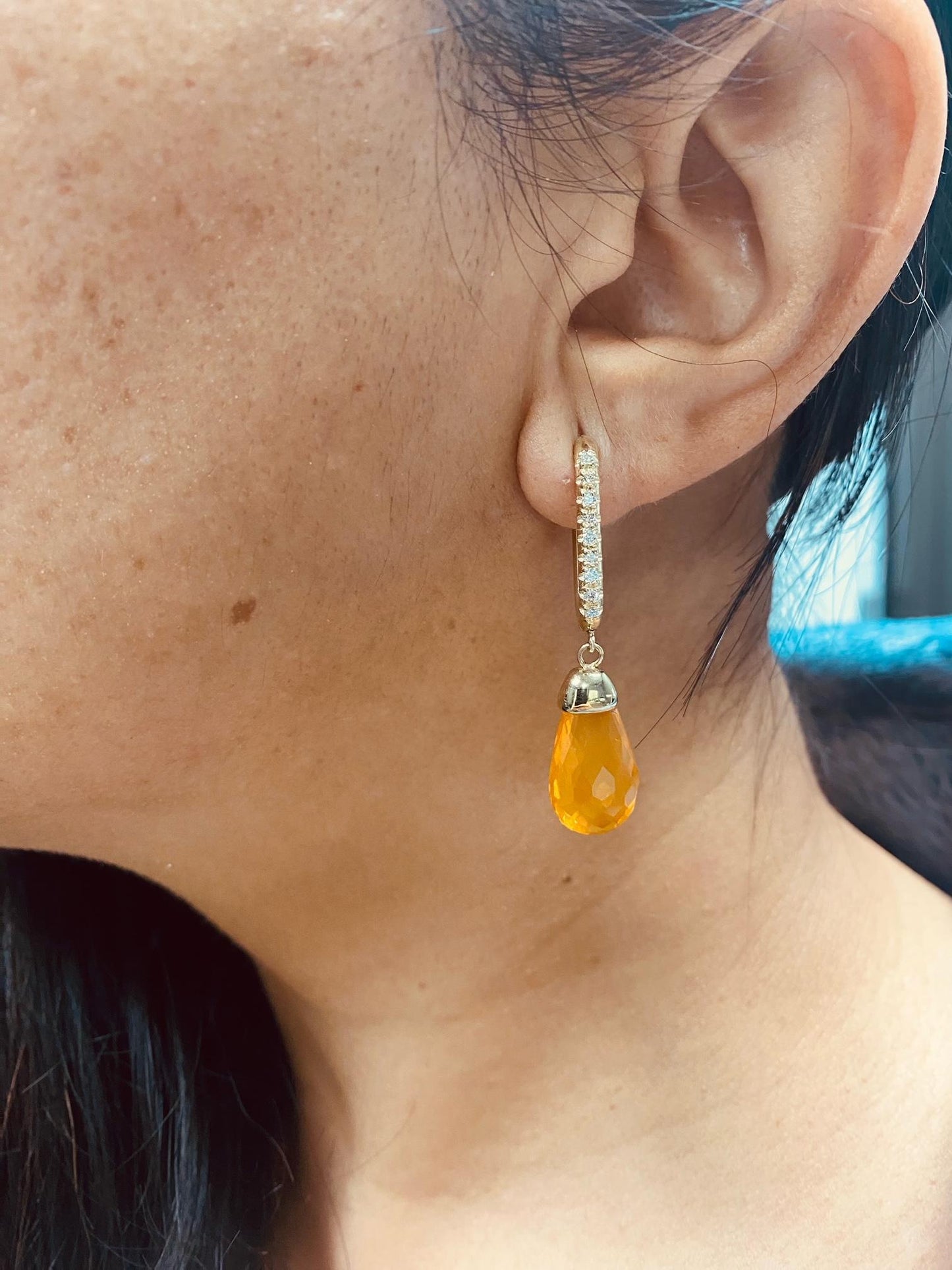 12.84 Carat Fire Opal Diamond Yellow Gold Drop Earrings