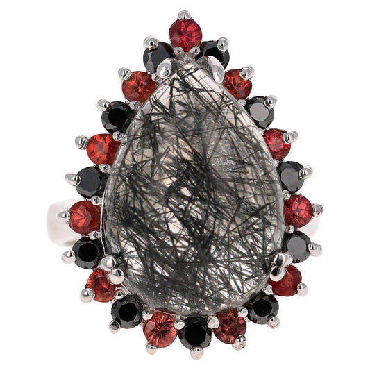 13.03 Carat Black Diamond Quartz and Sapphire White Gold Cocktail Ring