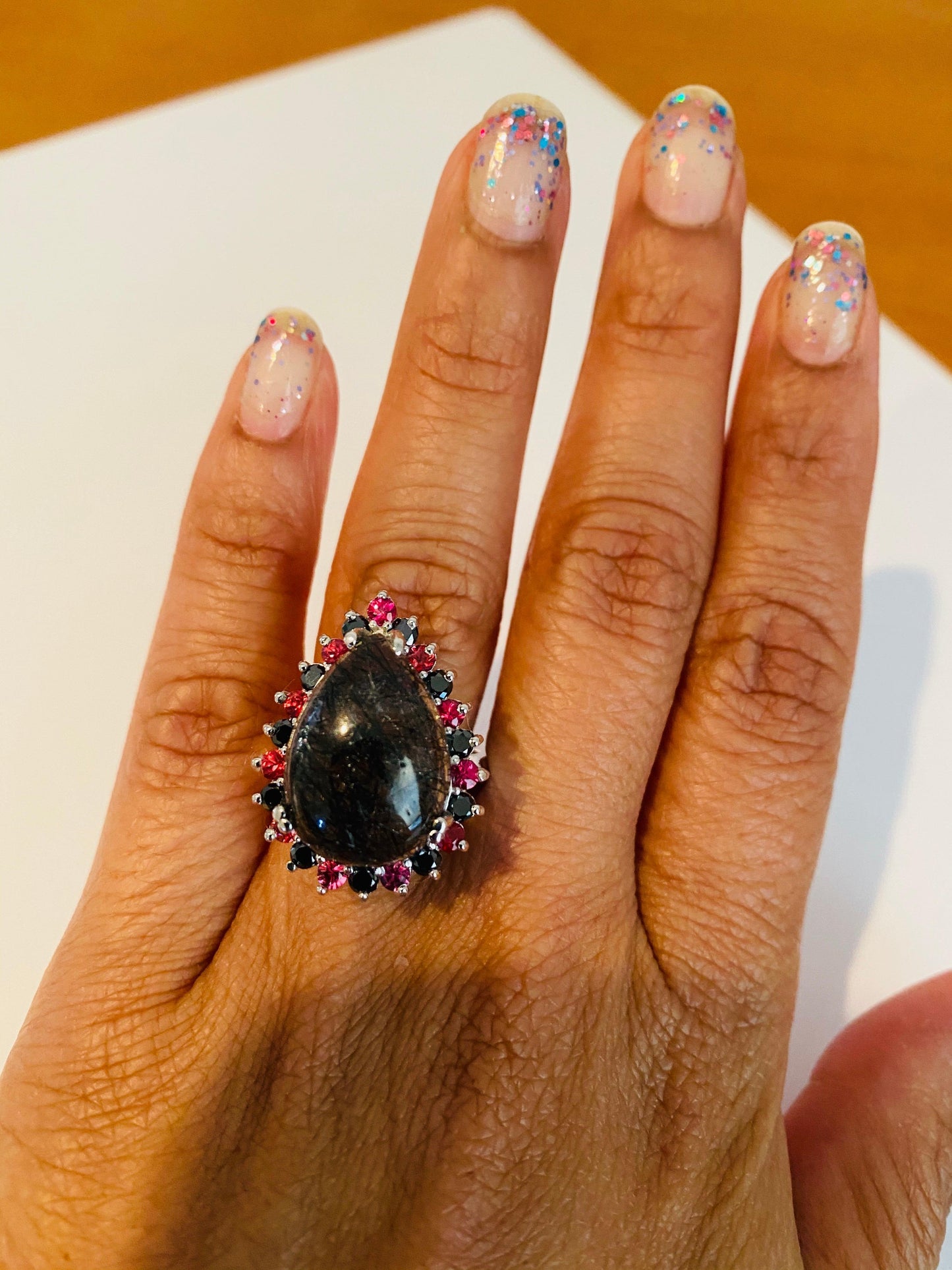 13.03 Carat Black Diamond Quartz and Sapphire White Gold Cocktail Ring