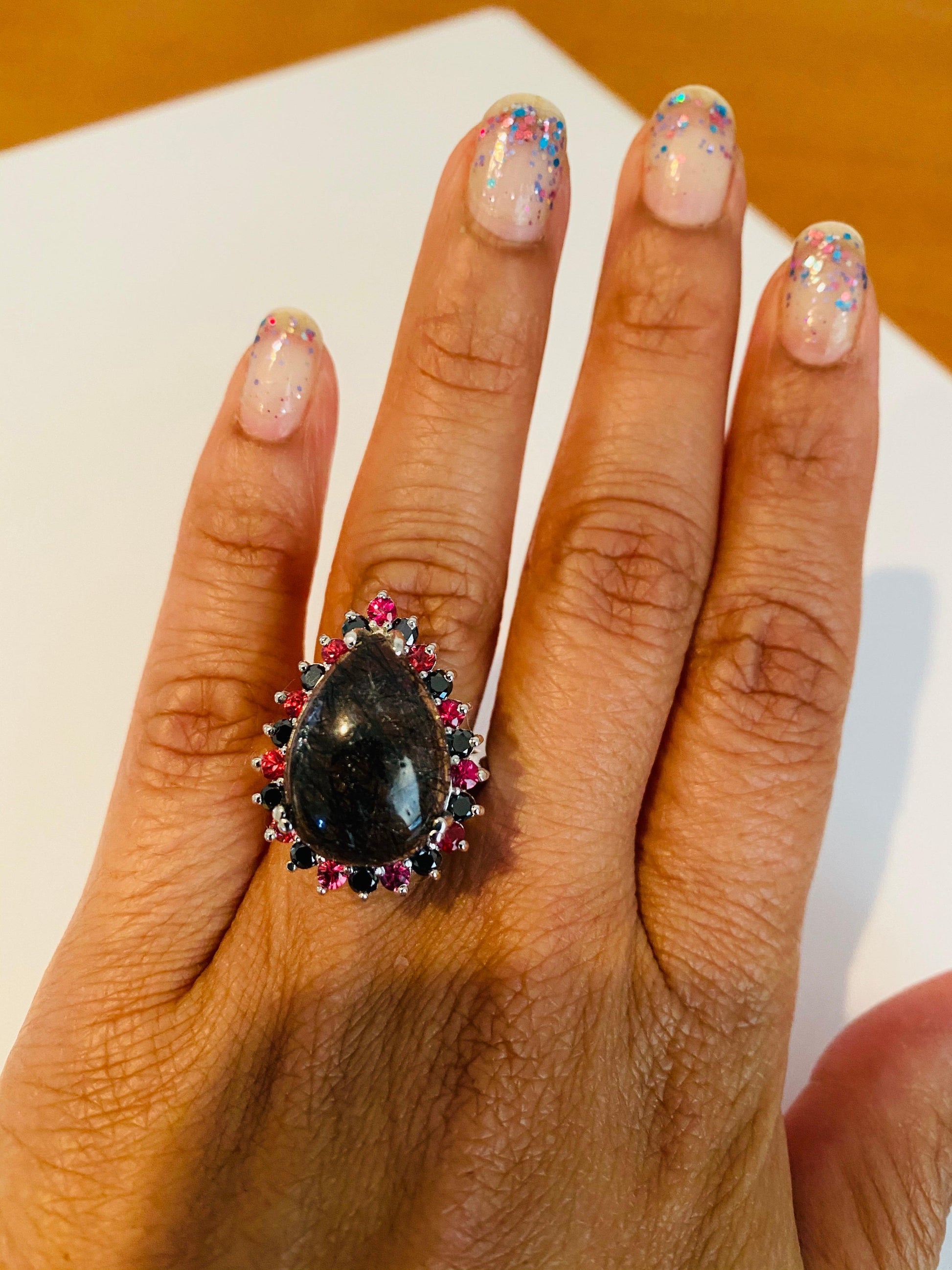 13.03 Carat Black Diamond Quartz and Sapphire White Gold Cocktail Ring