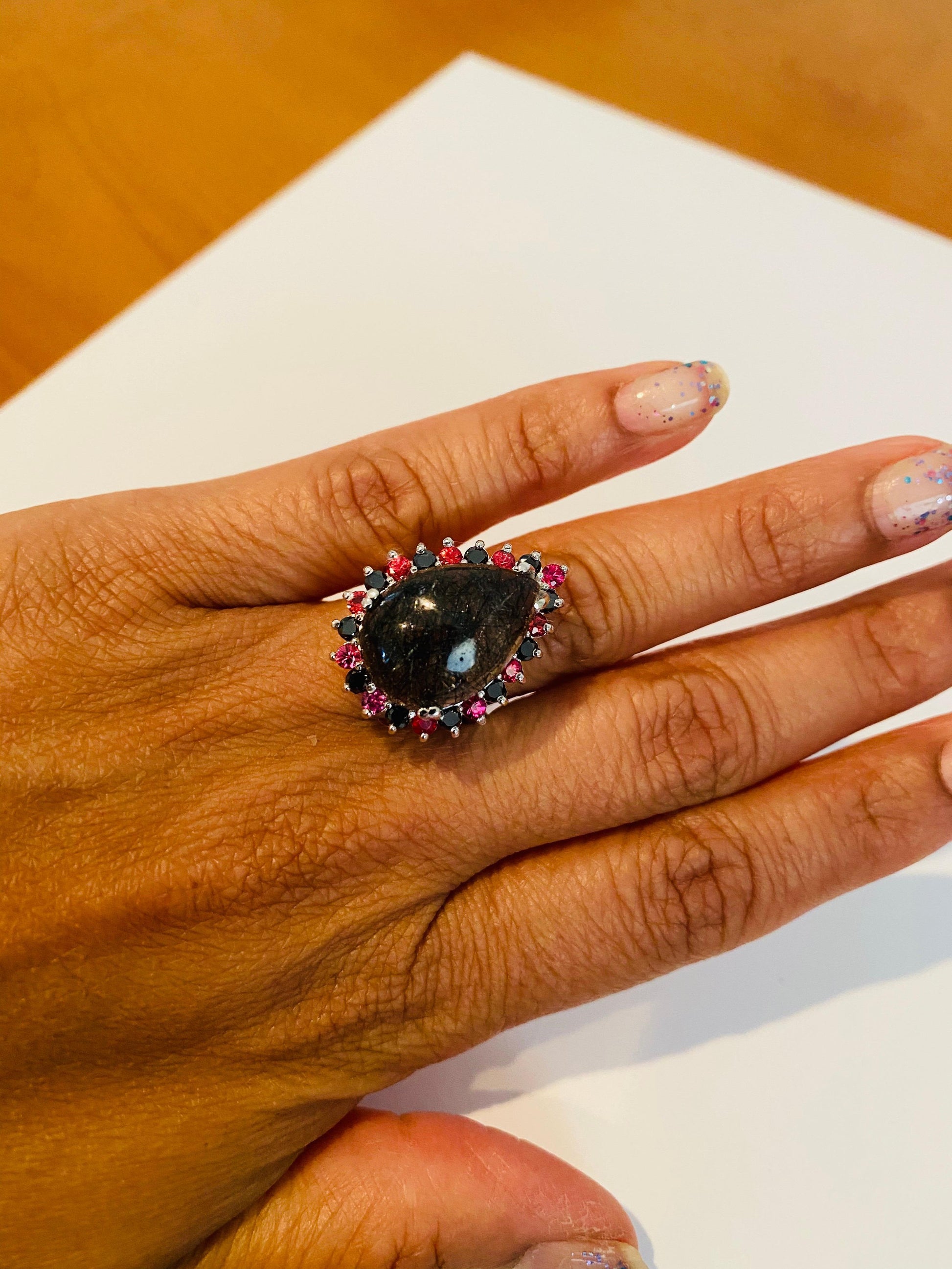 13.03 Carat Black Diamond Quartz and Sapphire White Gold Cocktail Ring