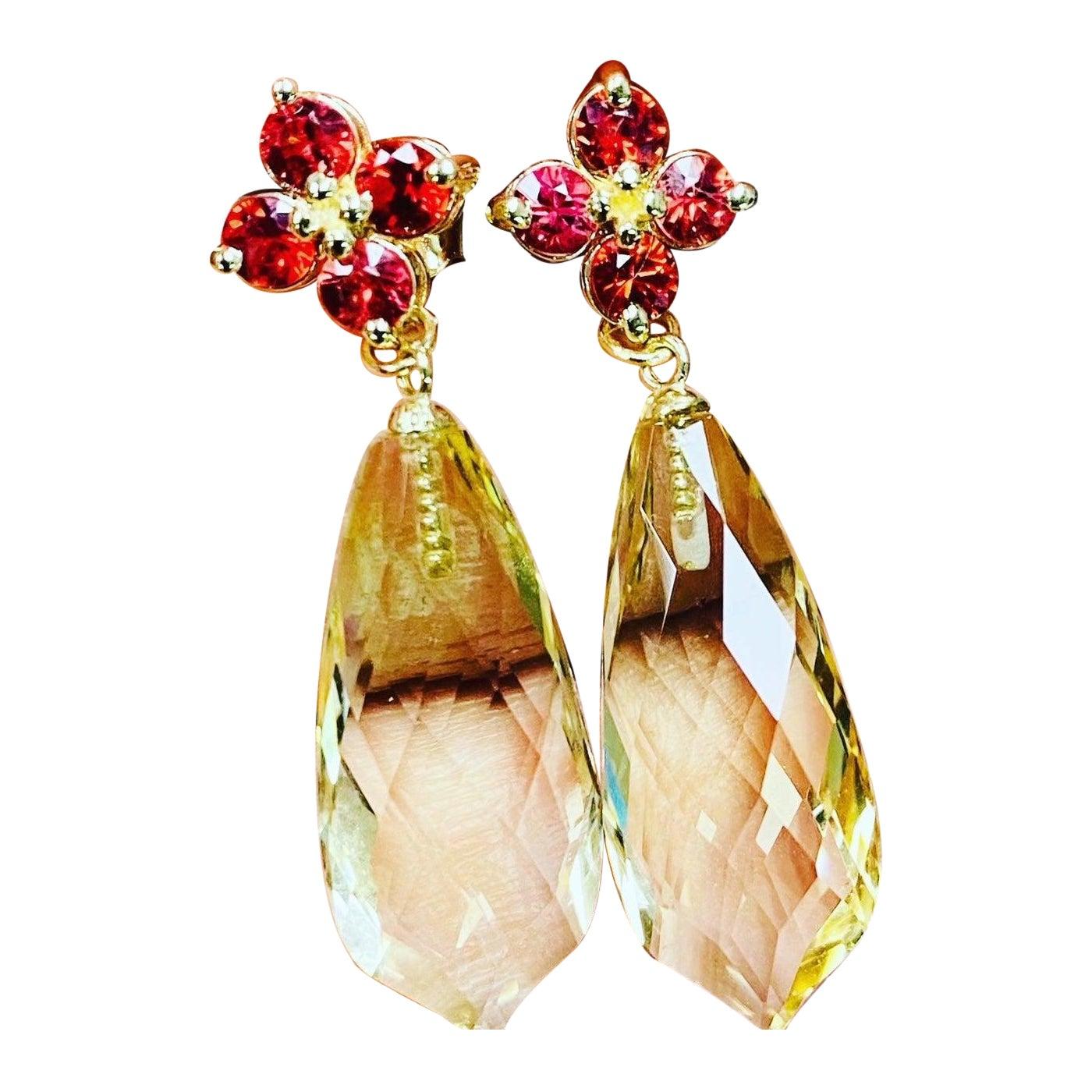 16.72 Carat Lemon Quartz Sapphire Yellow Gold Drop Earrings