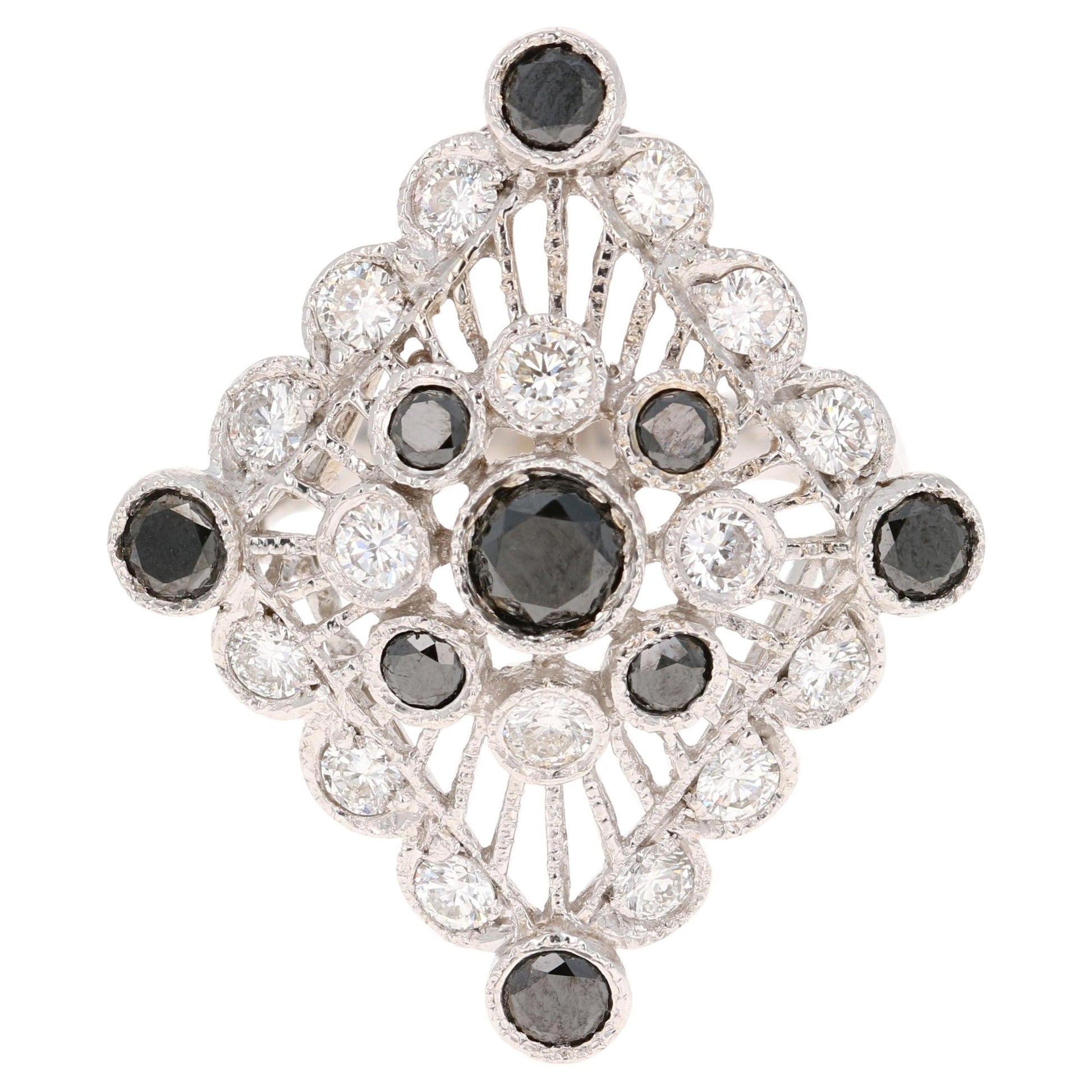 Roshe Jewels Diamond Ring, 2.13 Carats Black and White Diamond 14K White Gold