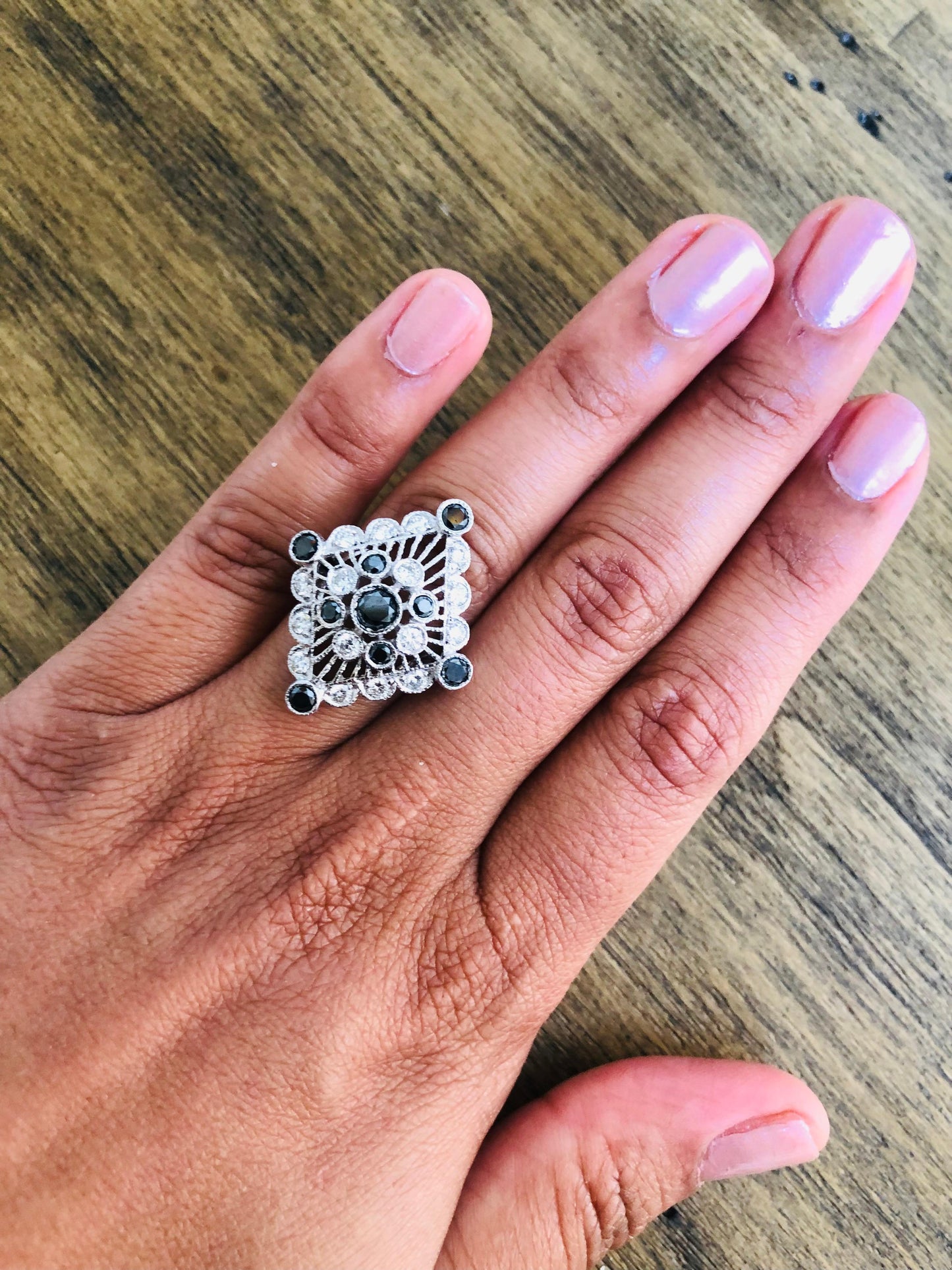 Roshe Jewels Diamond Ring, 2.13 Carats Black and White Diamond 14K White Gold