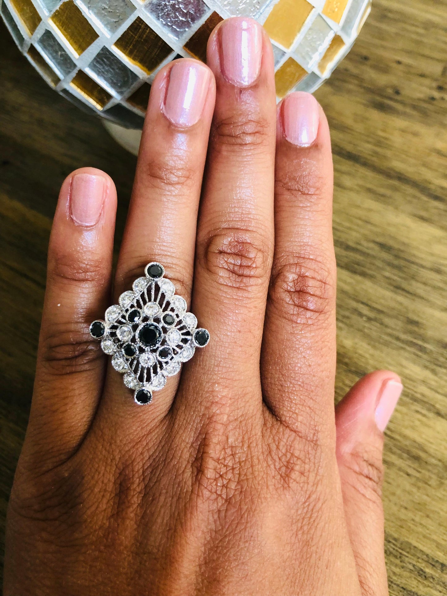 Roshe Jewels Diamond Ring, 2.13 Carats Black and White Diamond 14K White Gold