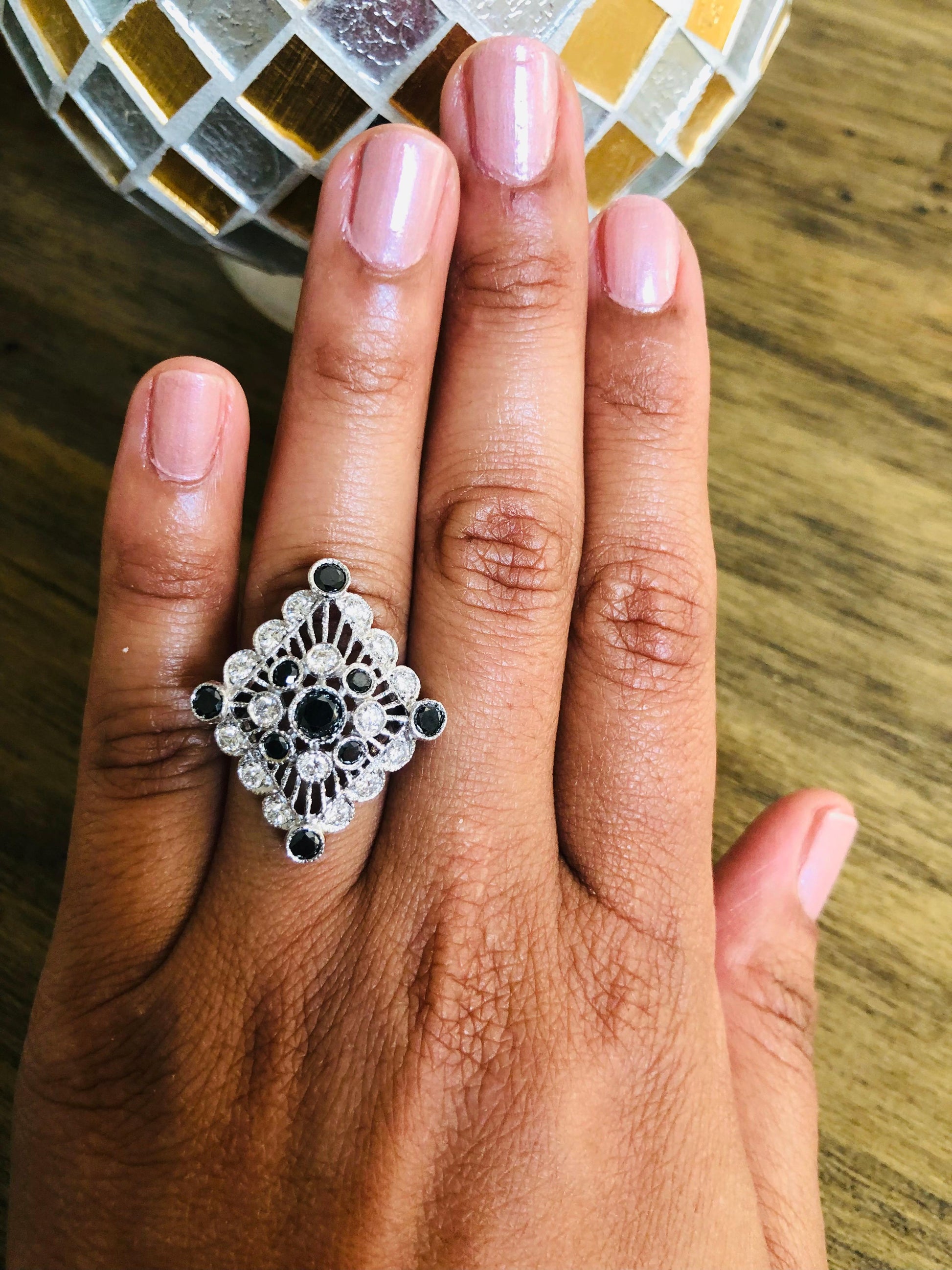 Roshe Jewels Diamond Ring, 2.13 Carats Black and White Diamond 14K White Gold