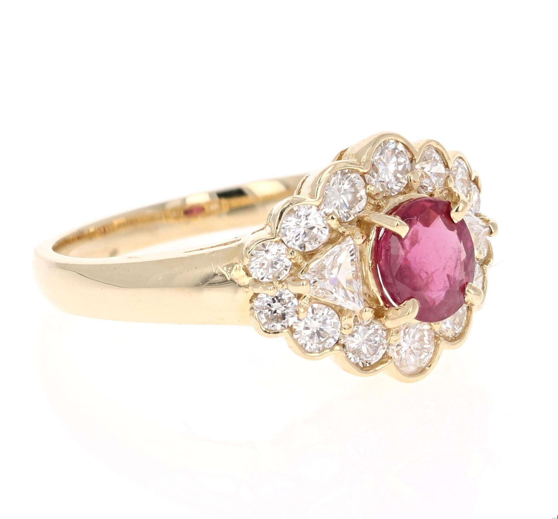 1.75 Carat Oval Cut Burmese Ruby Diamond 14 Karat Yellow Gold Cluster Ring