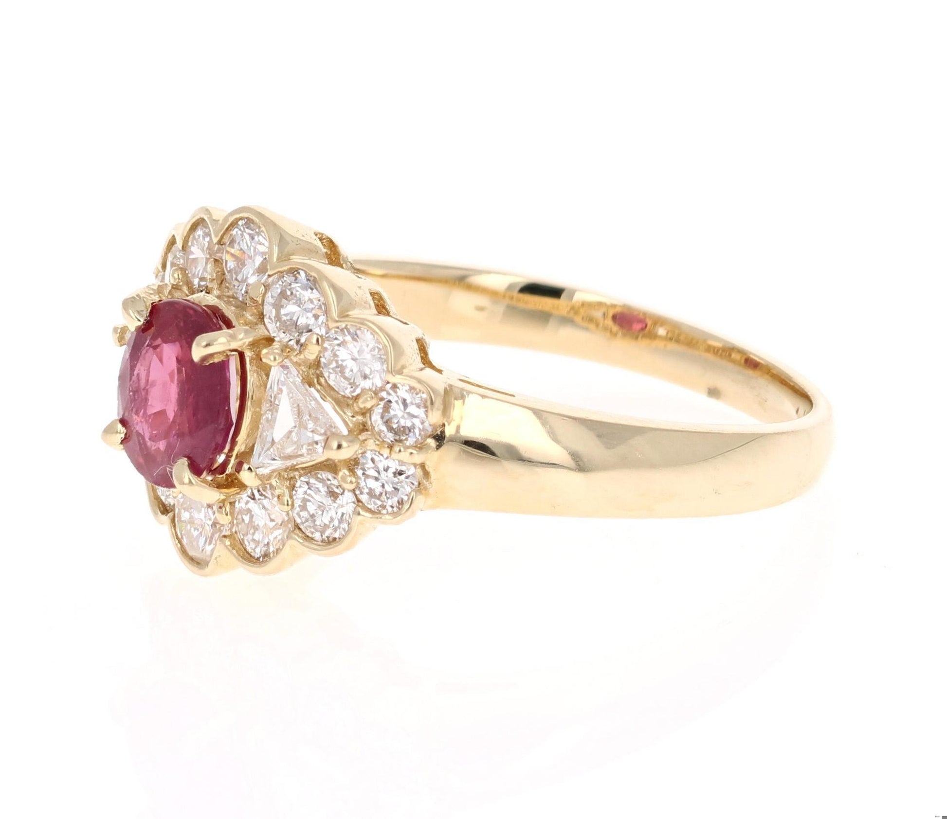1.75 Carat Oval Cut Burmese Ruby Diamond 14 Karat Yellow Gold Cluster Ring