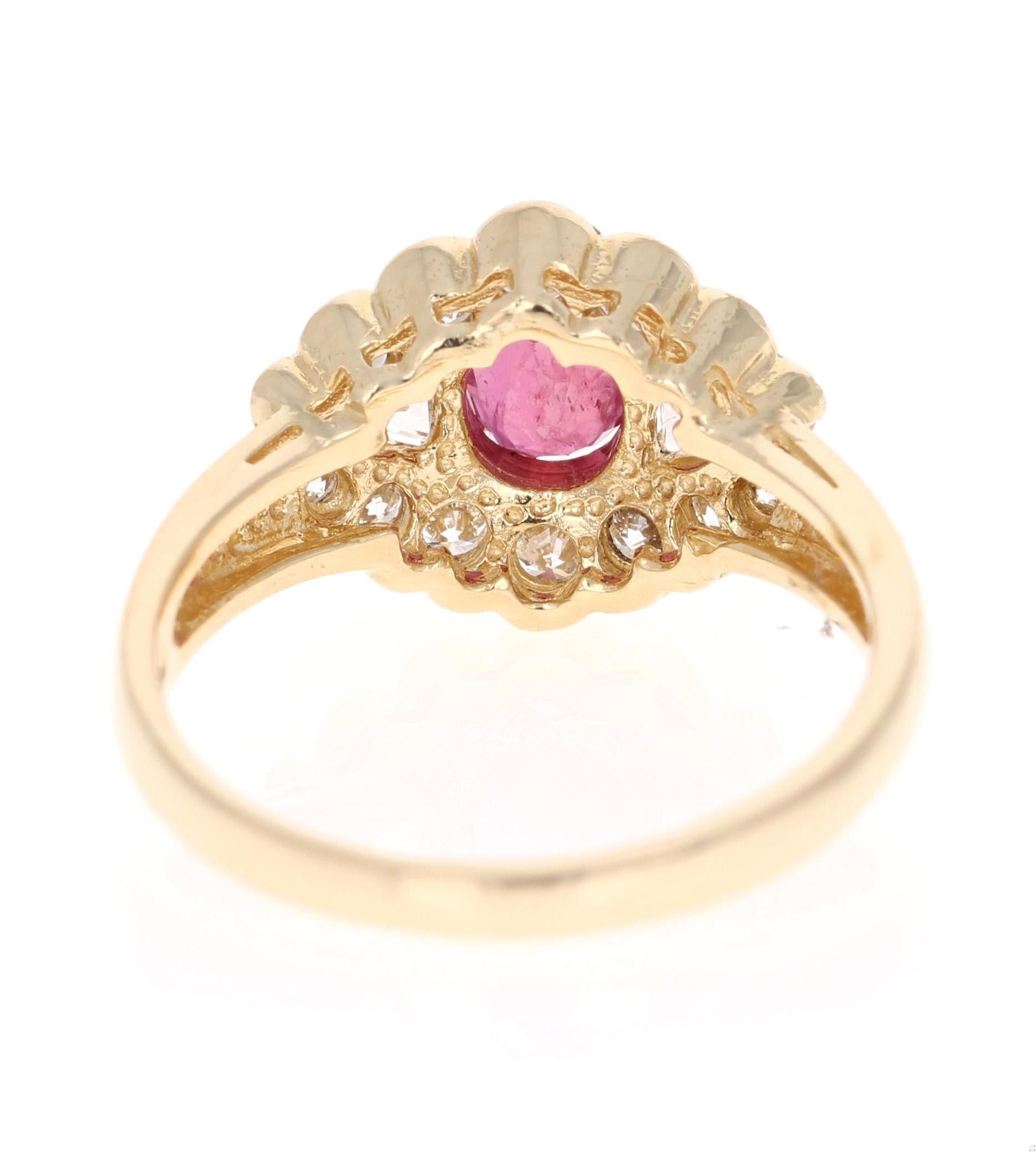 1.75 Carat Oval Cut Burmese Ruby Diamond 14 Karat Yellow Gold Cluster Ring