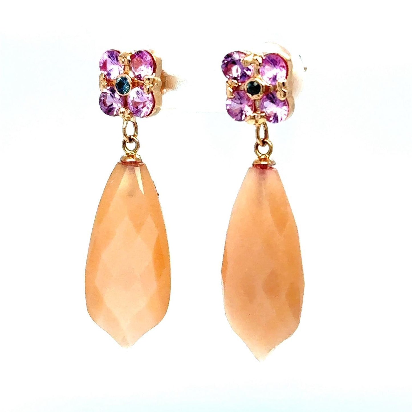 17.61 Carat Peach Moonstone Sapphire Rose Gold Drop Earrings