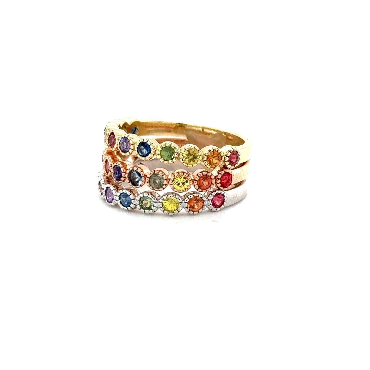 1.82 Carat Multi-Color Sapphire Stackable Gold Band Set