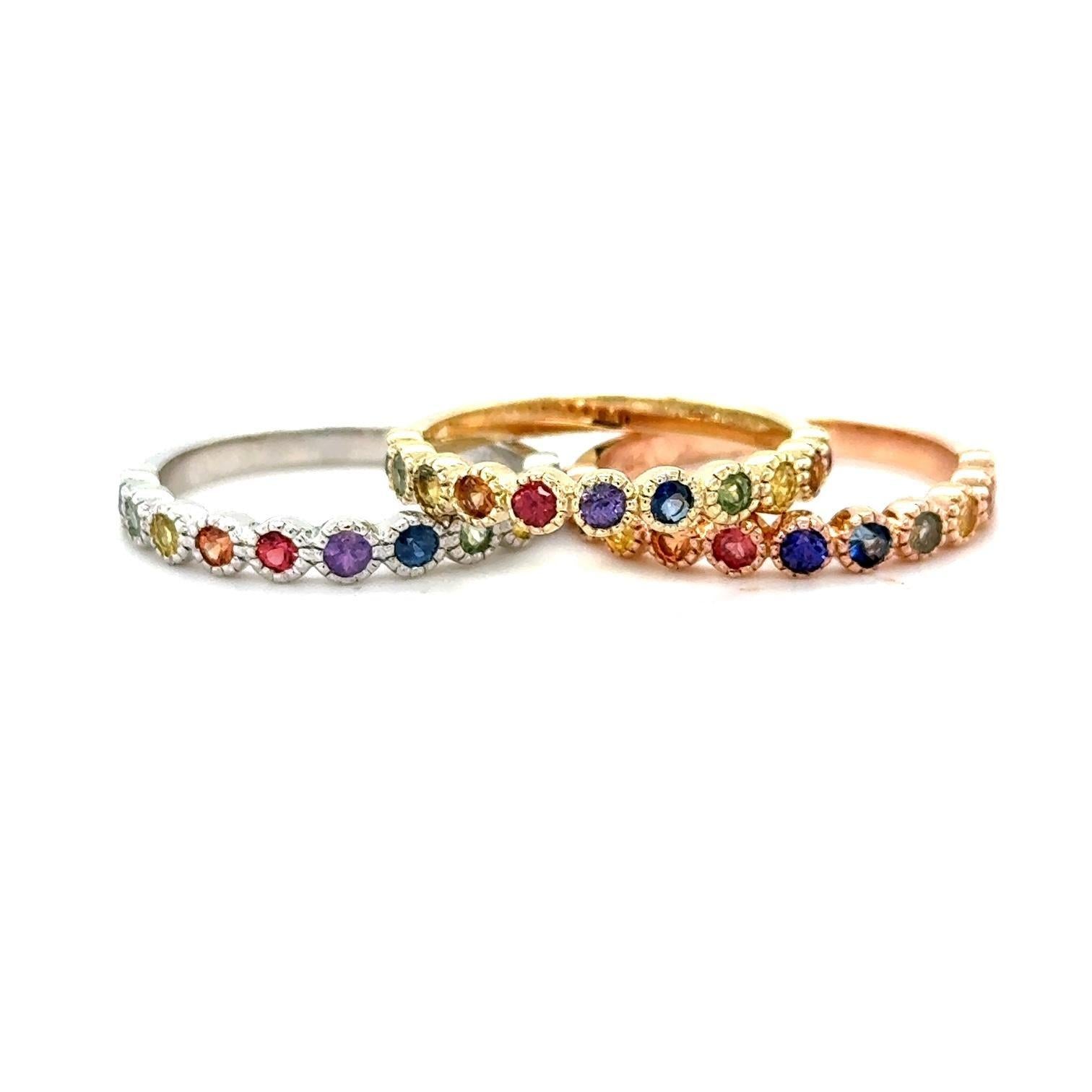 1.82 Carat Multi-Color Sapphire Stackable Gold Band Set