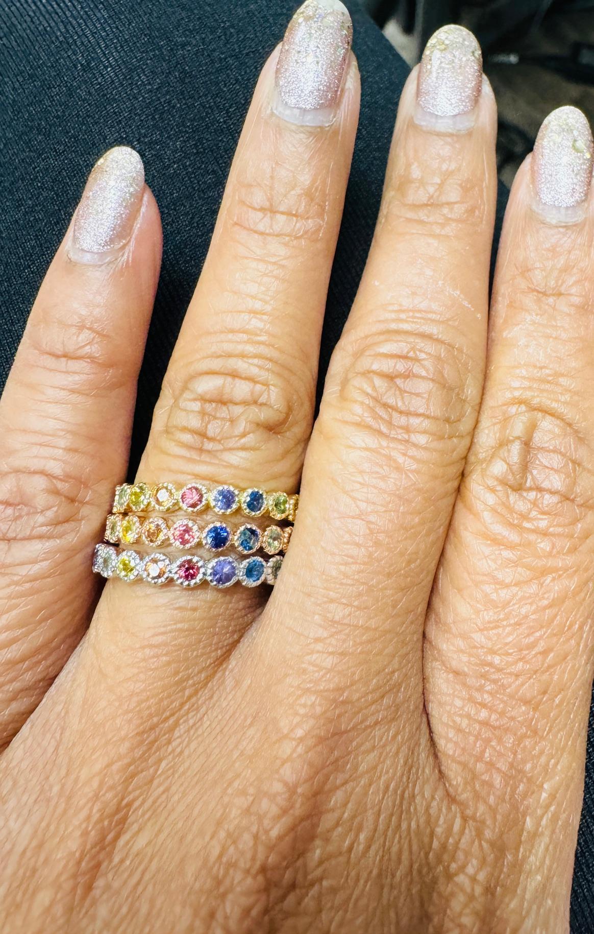 1.82 Carat Multi-Color Sapphire Stackable Gold Band Set