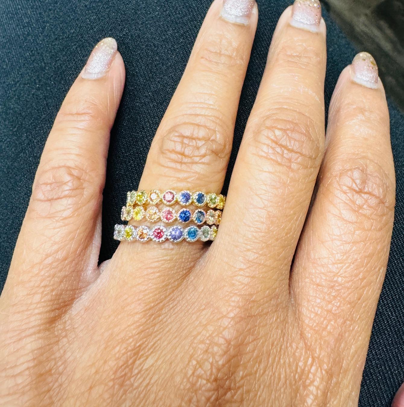 1.82 Carat Multi-Color Sapphire Stackable Gold Band Set