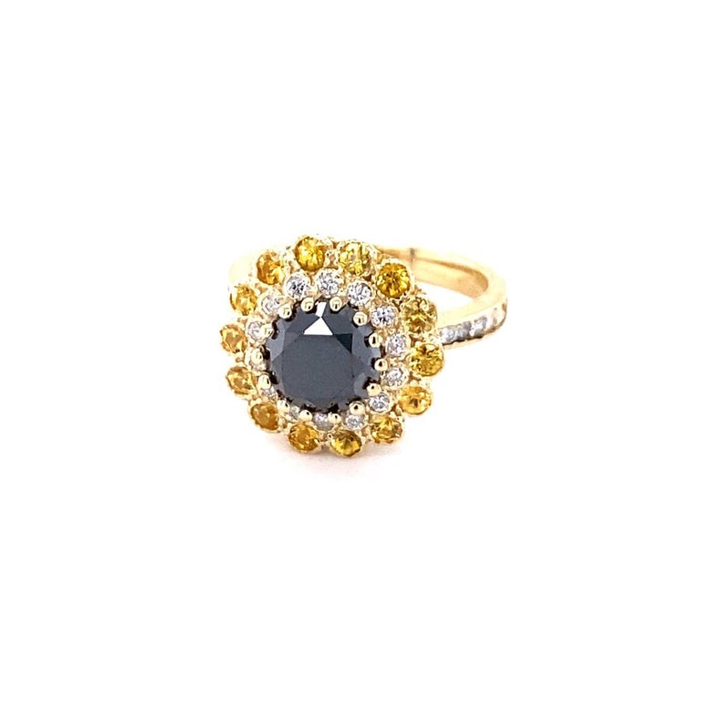3.90 Carat Natural Black Diamond Sapphire 14 Karat Yellow Gold Ring