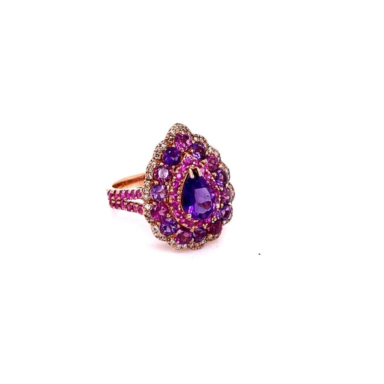 3.57 Ct Amethyst, Garnet, Pink Sapphire, Diamond 14K Rose Gold Cocktail Ring