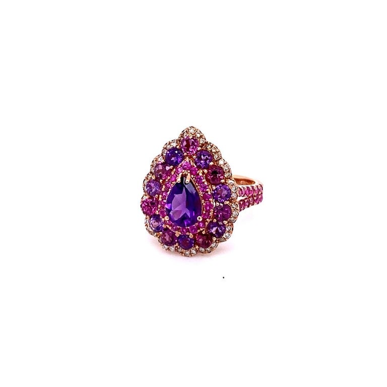 3.57 Ct Amethyst, Garnet, Pink Sapphire, Diamond 14K Rose Gold Cocktail Ring