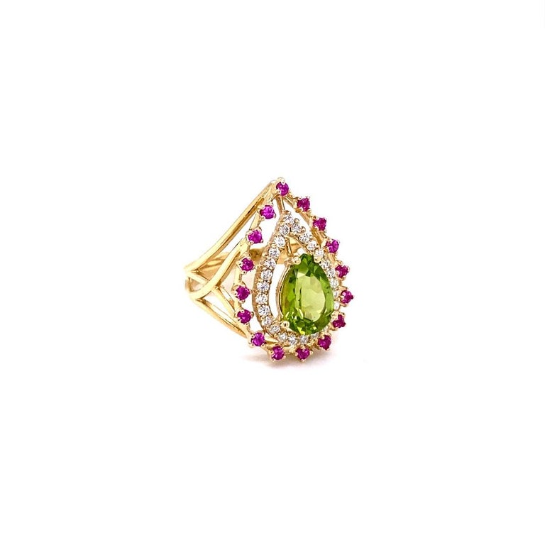 2.59 Ct Peridot, Sapphire, Diamond 14K Yellow Gold Cocktail Ring