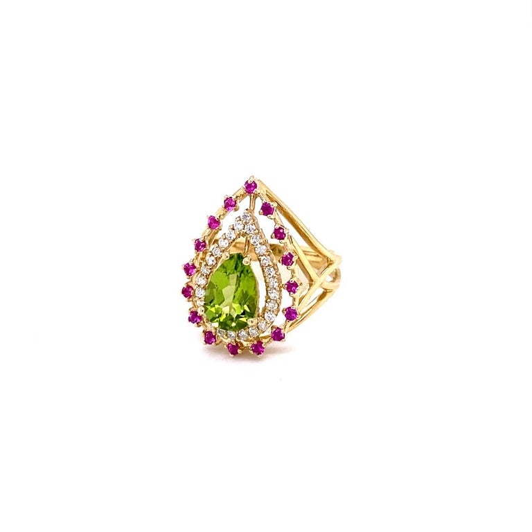 2.59 Ct Peridot, Sapphire, Diamond 14K Yellow Gold Cocktail Ring