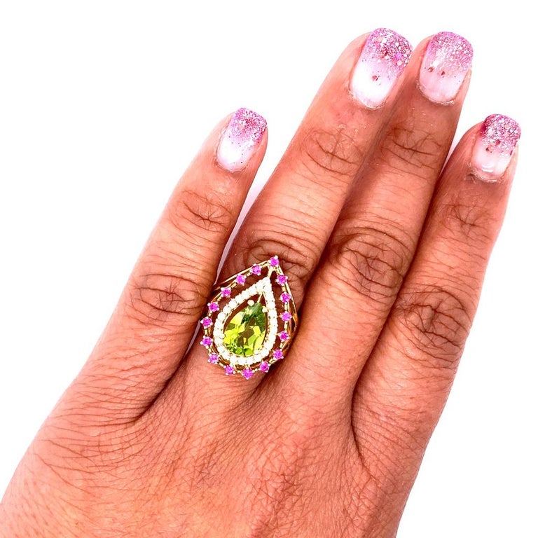 2.59 Ct Peridot, Sapphire, Diamond 14K Yellow Gold Cocktail Ring