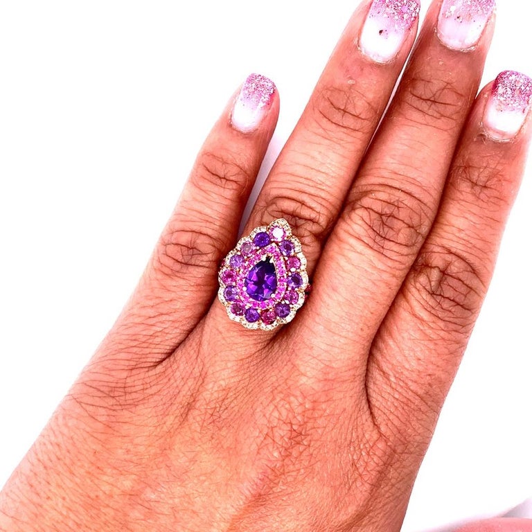 3.57 Ct Amethyst, Garnet, Pink Sapphire, Diamond 14K Rose Gold Cocktail Ring