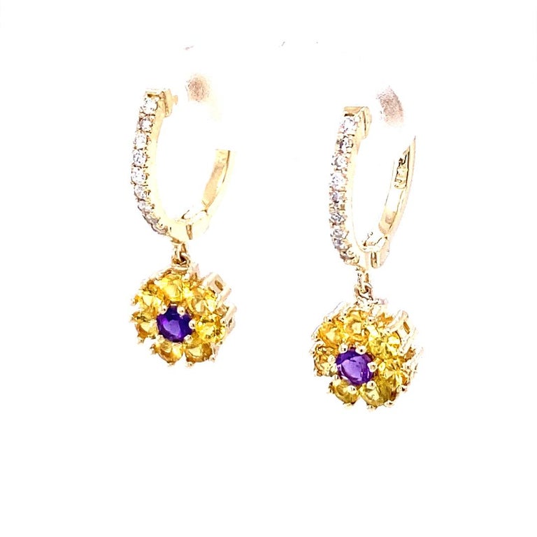 1.57 Ct Sapphire. Amethyst, Diamond 14 K Yellow Gold Earrings