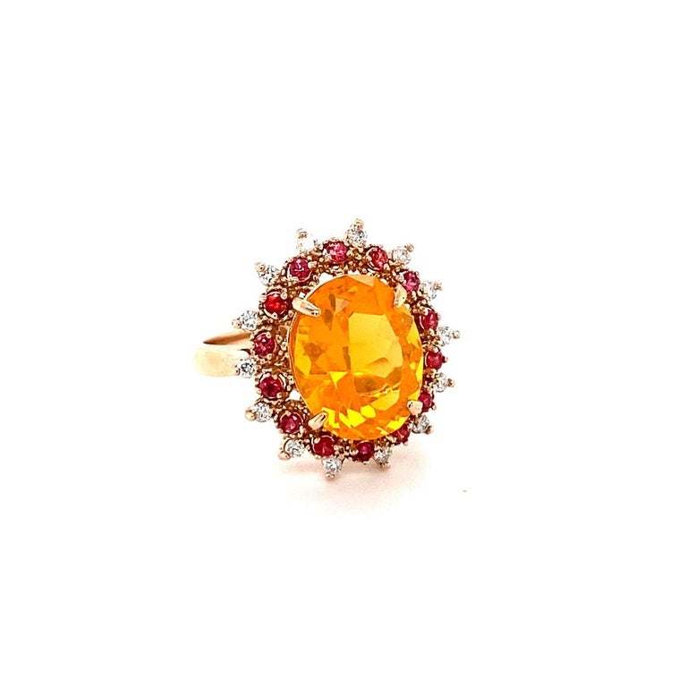 3.83 Carat Fire Opal Sapphire Diamond Yellow Gold Cocktail Ring